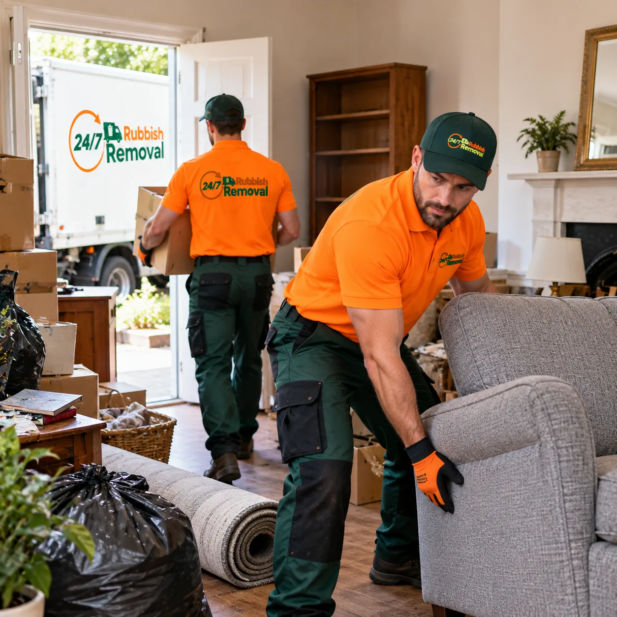 House clearance team removing unwanted furniture from a London property