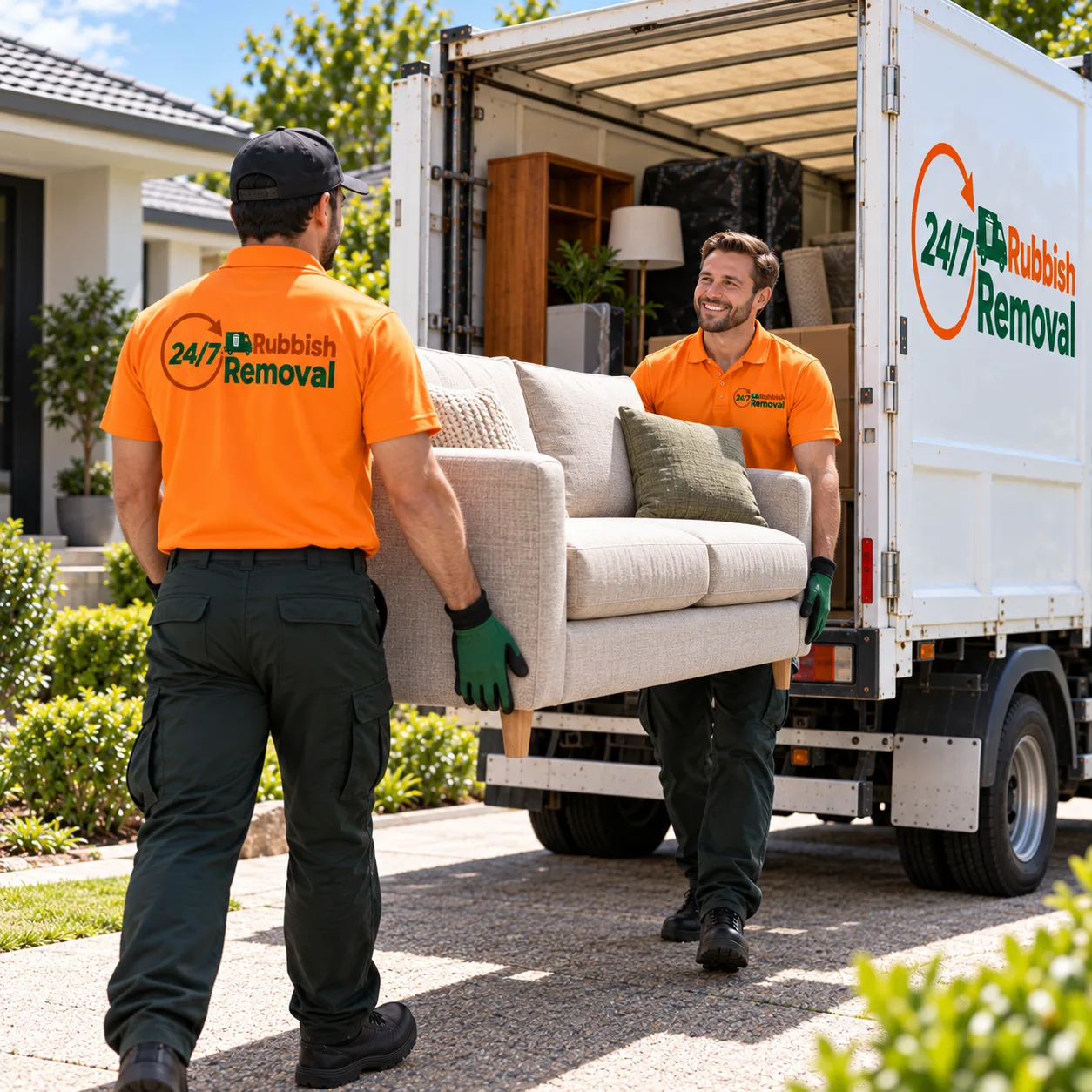 Sofa removal team collecting furniture in London