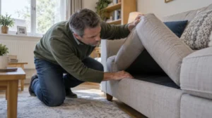 Checking a sofa for its fire safety label