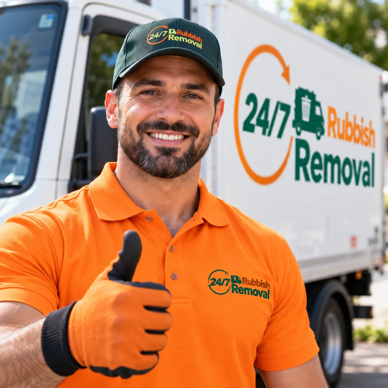 Waste management operative in high-visibility orange uniform