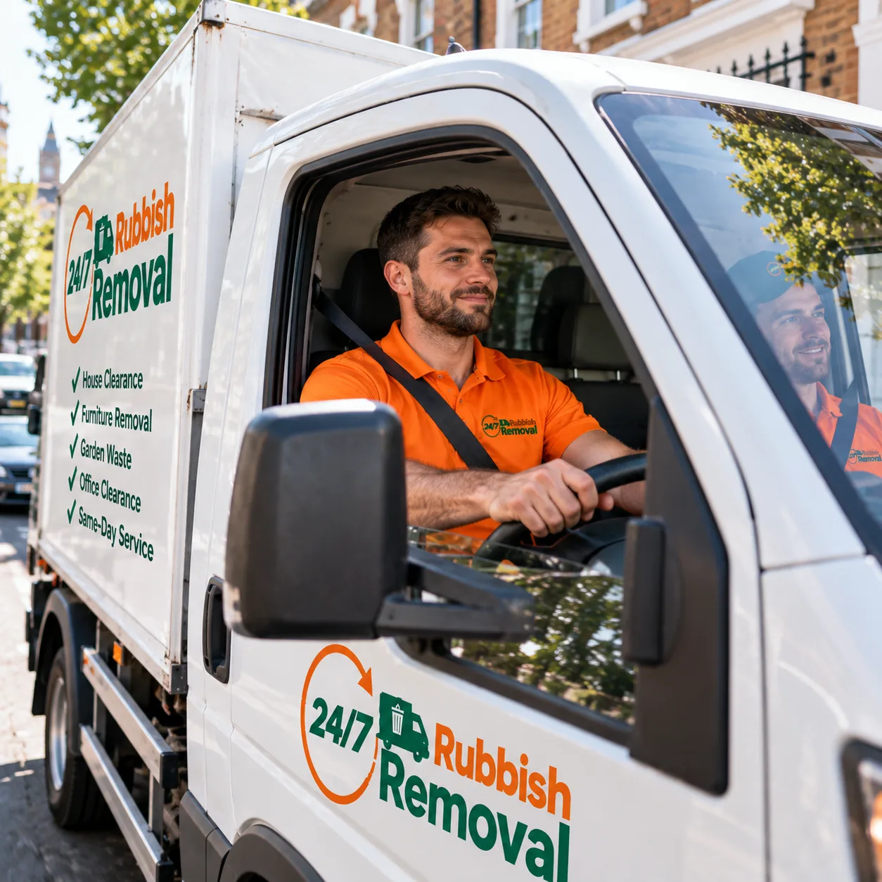 Modern ULEZ compliant 24/7 rubbish removal van operating in Central London
