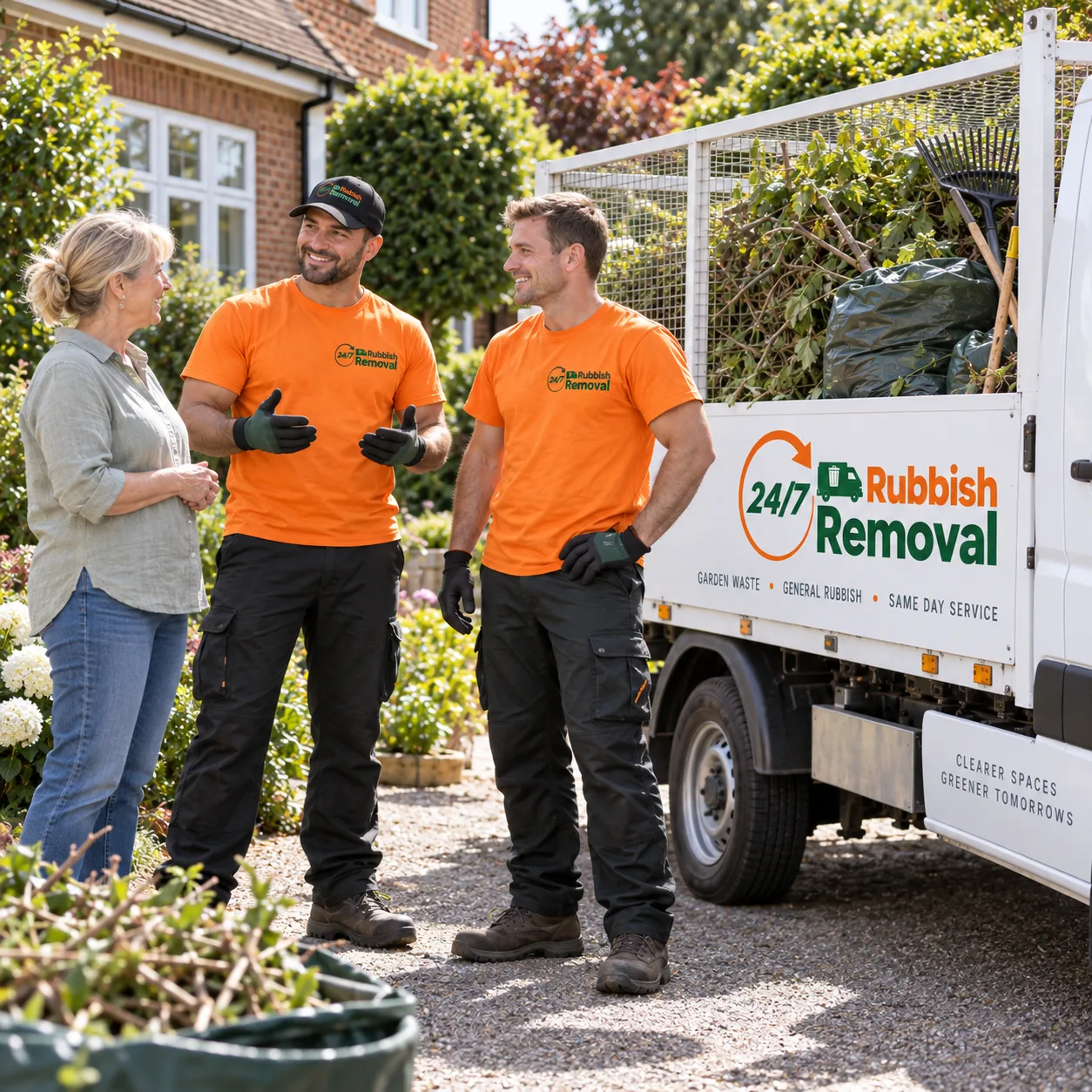 Garden rubbish removal team collecting green waste in London